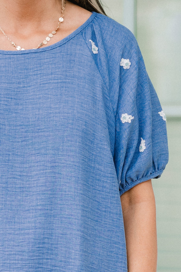 Chic Soul plus size clothing, short sleeve blue top with puff sleeves with white small floral emblems on sleeves