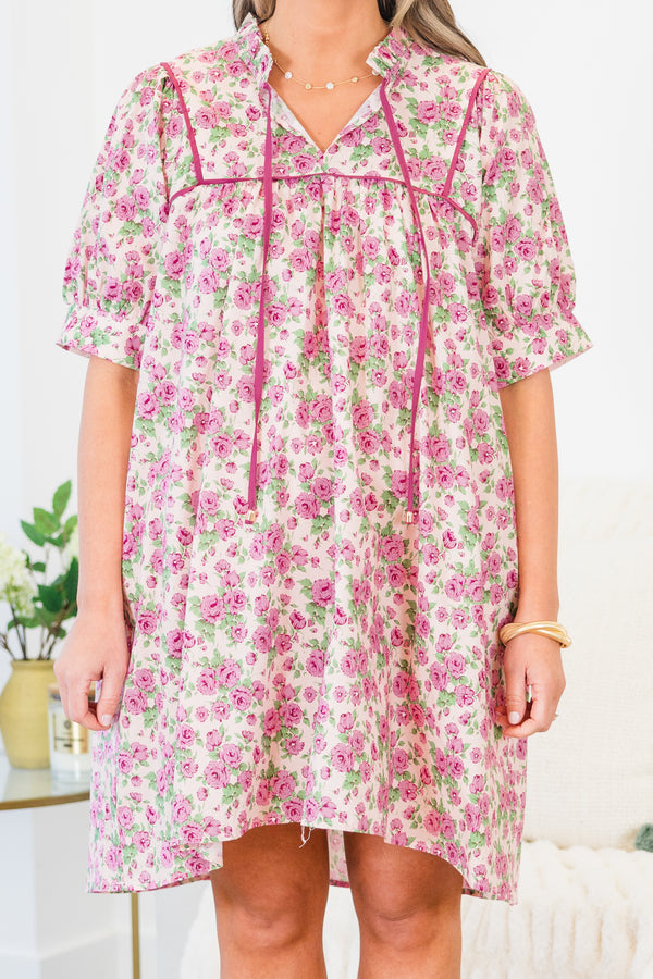 Chic Soul plus size clothing, pink short sleeve mini dress with v cutout along neckline with collar detail with tie with floral pattern