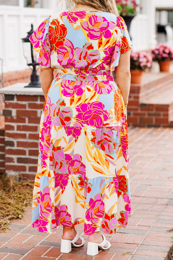 Chic Soul plus size clothing, short sleeve ivory multi maxi dress with ruffles and v-neckline