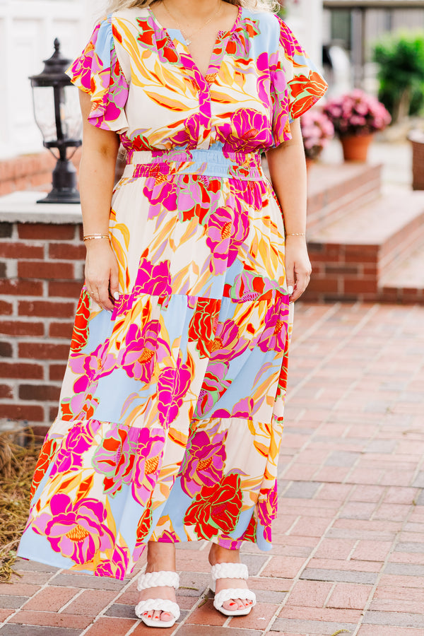 Chic Soul plus size clothing, short sleeve ivory multi maxi dress with ruffles and v-neckline