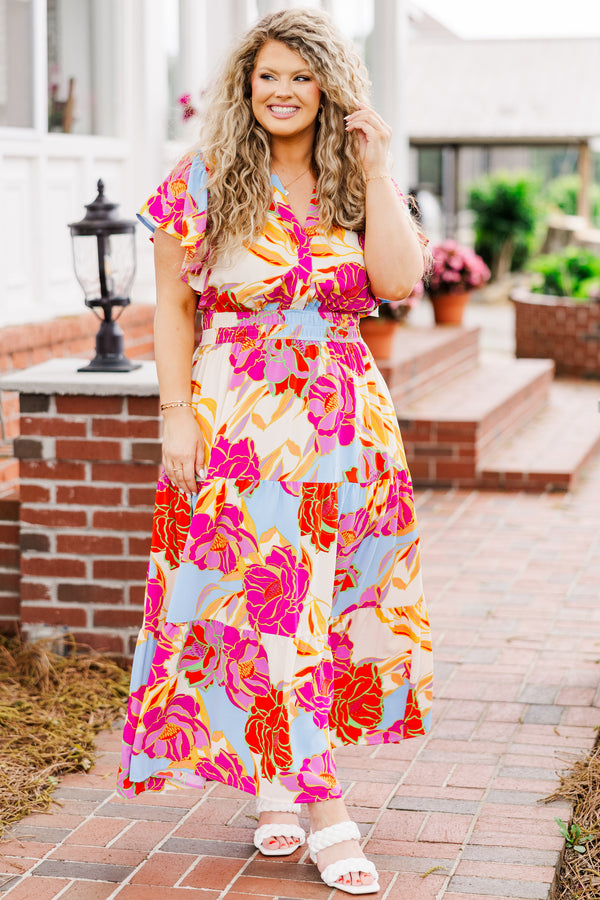 Chic Soul plus size clothing, short sleeve ivory multi maxi dress with ruffles and v-neckline
