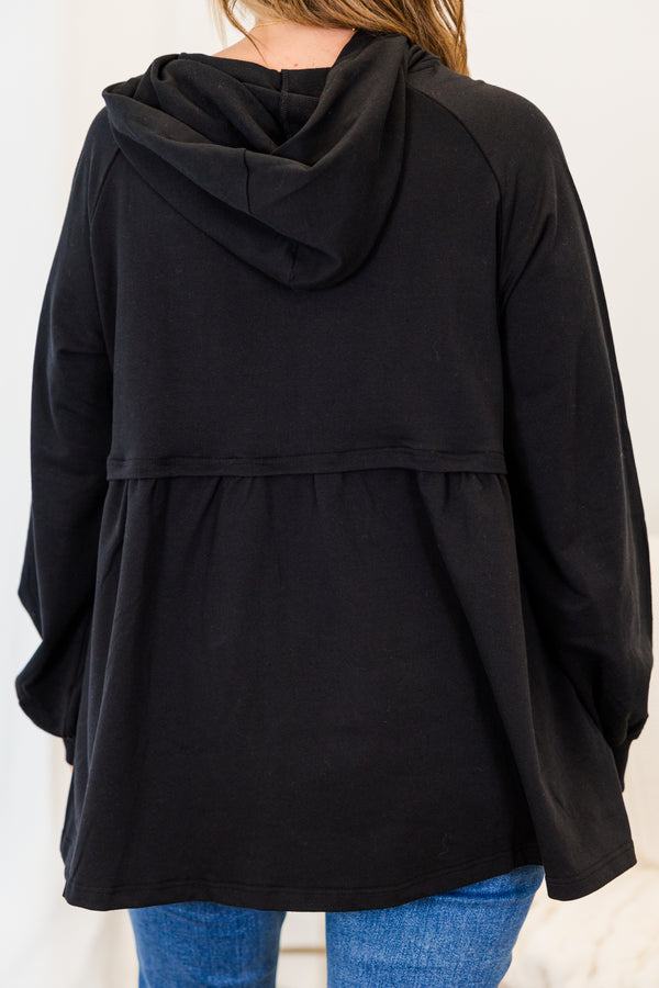 Chic Soul plus size clothing, black long sleeve hoodie pullover with ruffle along bottom and hoodie drawstring detail with cuff sleeves