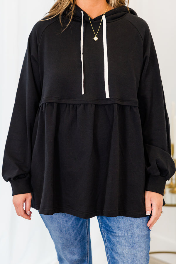 Chic Soul plus size clothing, black long sleeve hoodie pullover with ruffle along bottom and hoodie drawstring detail with cuff sleeves
