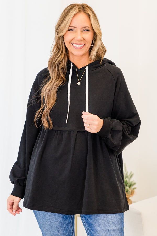 Chic Soul plus size clothing, black long sleeve hoodie pullover with ruffle along bottom and hoodie drawstring detail with cuff sleeves