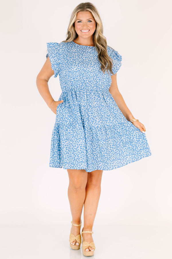 Chic Soul plus size clothing, short sleeve light blue and white spotted baby doll dress with ruffled detailing