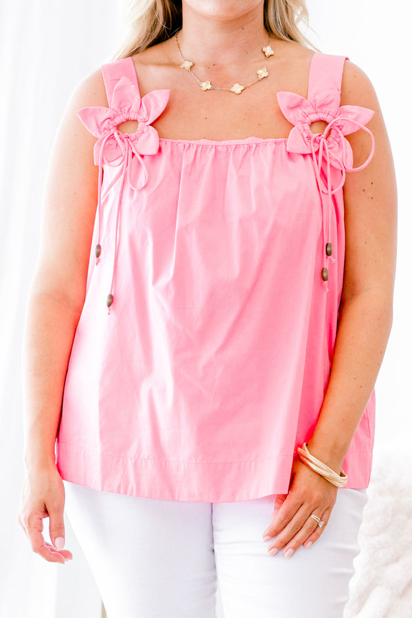 Chic Soul plus size clothing, bubblegum pink tank with 3D flower accent on each shoulder strap and ruched neckline