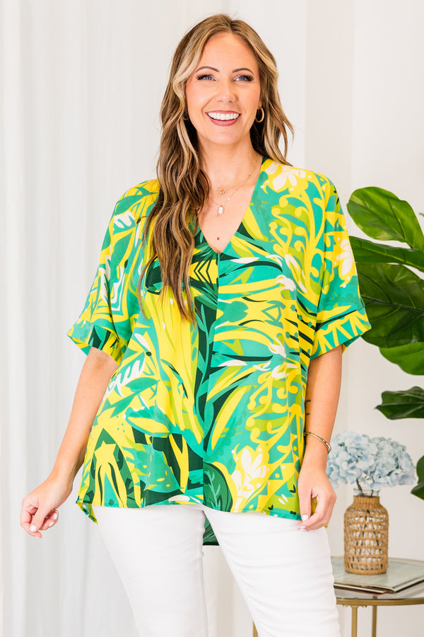 Chic Soul plus size clothing, green short sleeve top with yellow abstract pattern