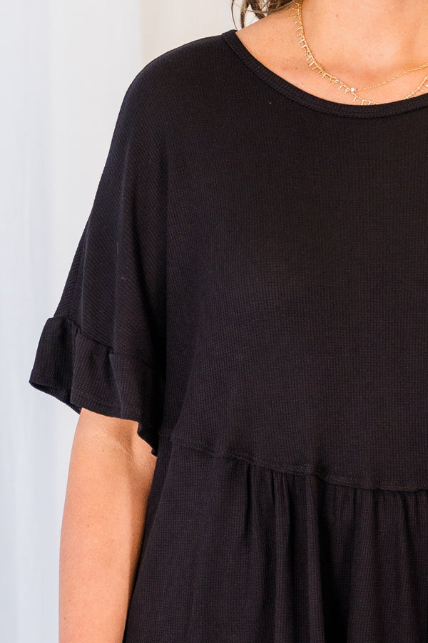 Chic Soul plus size clothing, black short sleeve top with ruffle along sleeves and scoop neck
