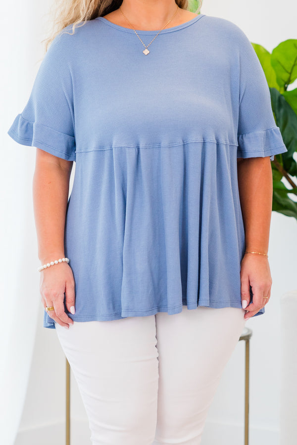   Chic Soul plus size clothing, short-sleeve denim blue ruffled baby doll top with high-scoop-neckline
