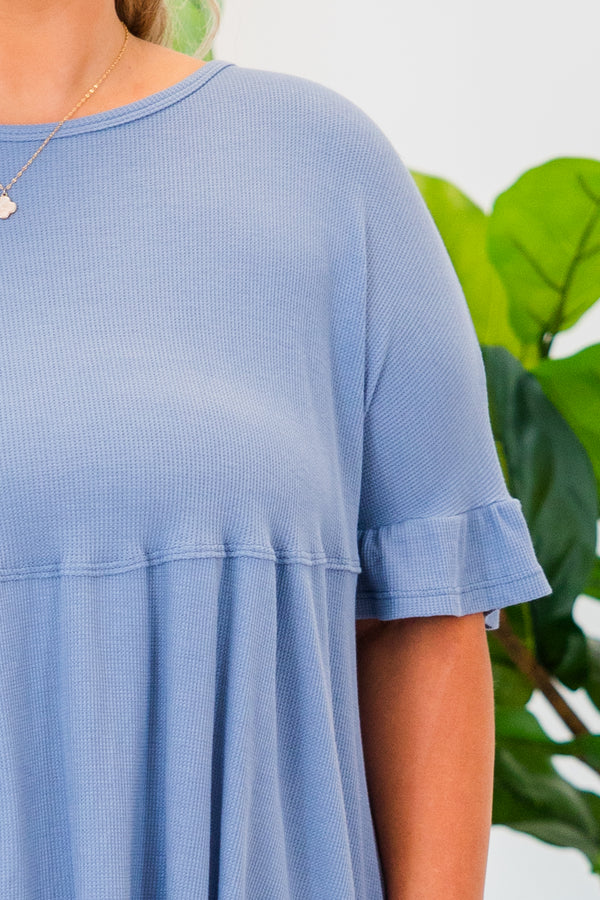   Chic Soul plus size clothing, short-sleeve denim blue ruffled baby doll top with high-scoop-neckline