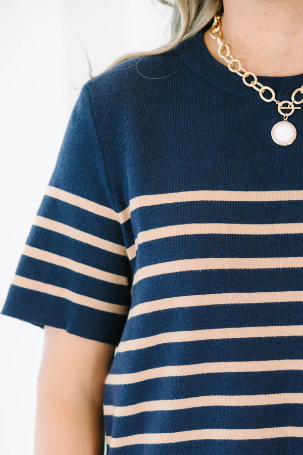 Plus size navy short-sleeve knit sweater with brown horizontal stripes and a ribbed crew neckline.