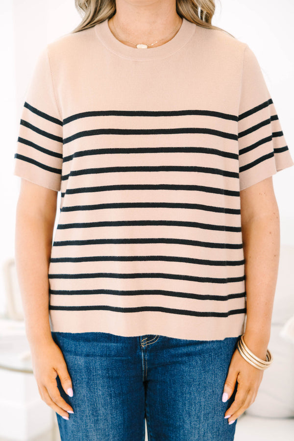 Plus Size taupe short-sleeve knit sweater with black horizontal stripes and a ribbed crew neckline.