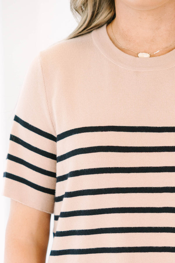 Plus Size taupe short-sleeve knit sweater with black horizontal stripes and a ribbed crew neckline.