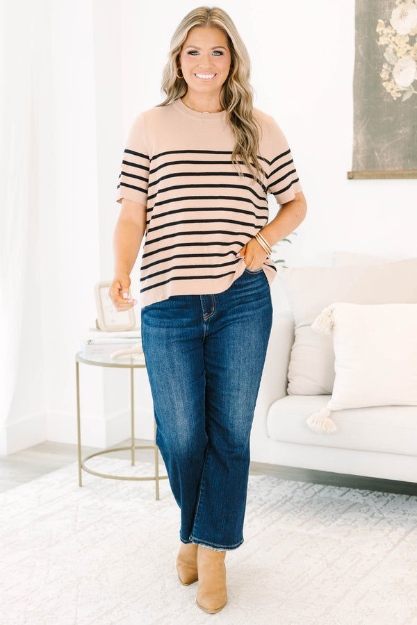Plus Size taupe short-sleeve knit sweater with black horizontal stripes and a ribbed crew neckline.