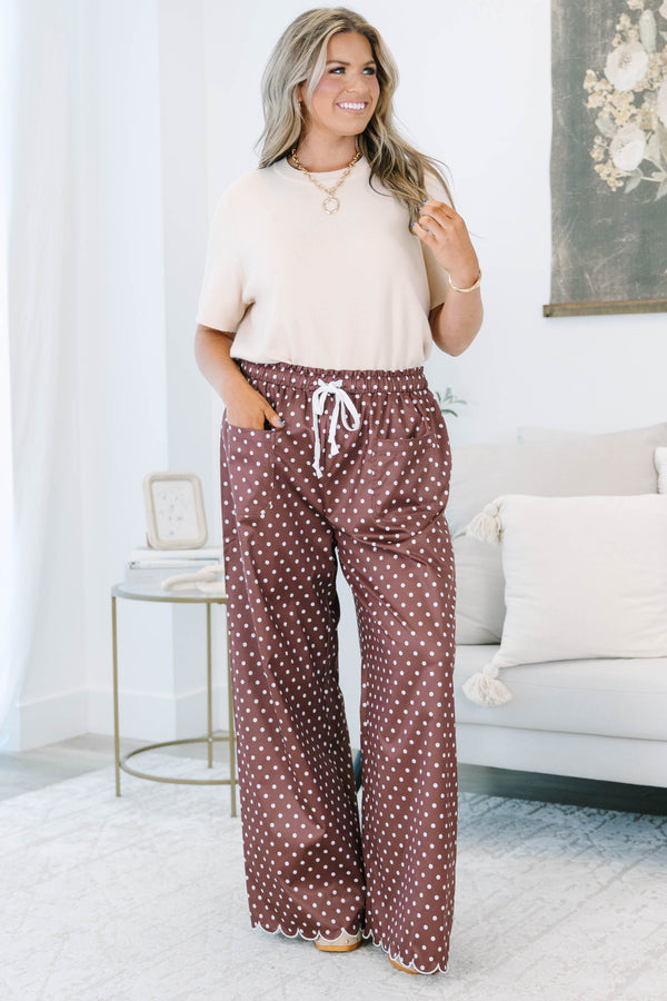 Plus size clothing, brown and white polka dot pants with elastic waistband and adjustable drawstring
