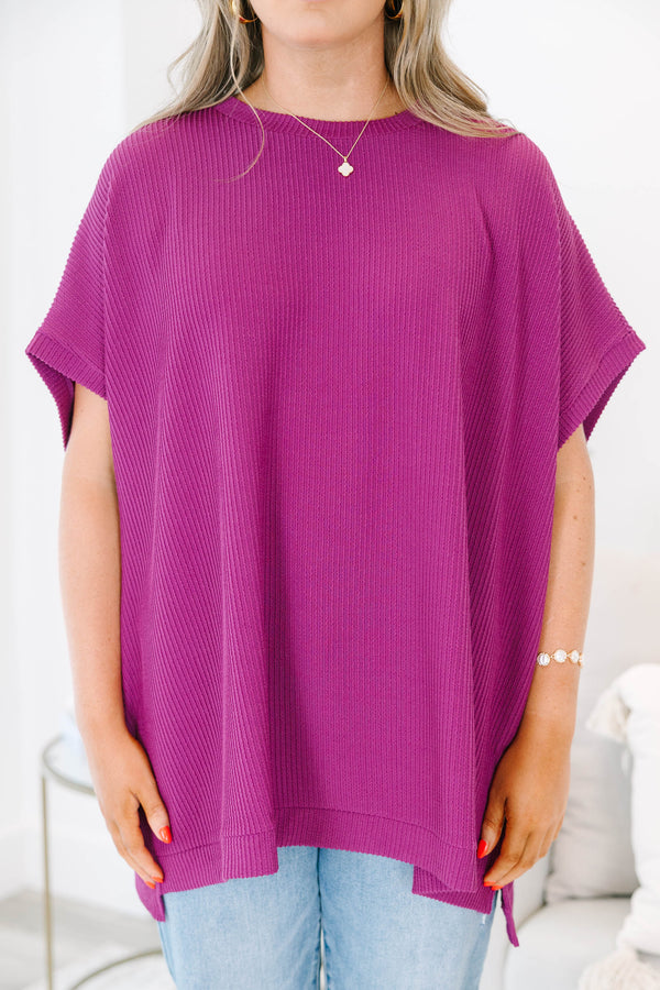 Chic Soul plus size clothing, short-sleeve berry purple top with scoop-neckline and ribbed material 