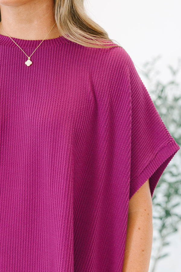 Chic Soul plus size clothing, short-sleeve berry purple top with scoop-neckline and ribbed material 