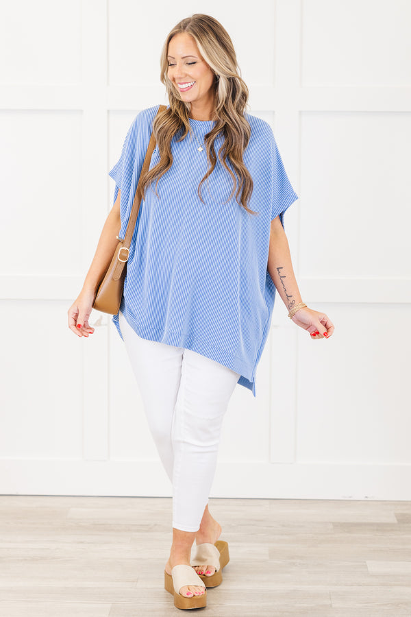 Chic Soul plus size clothing, short-sleeve stretchy comfortable blue ribbed top with a scoop-neckline 