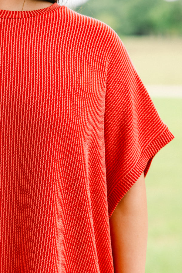 Chic Soul plus size clothing, burnt orange relaxed short sleeve ribbed top with seam down middle 