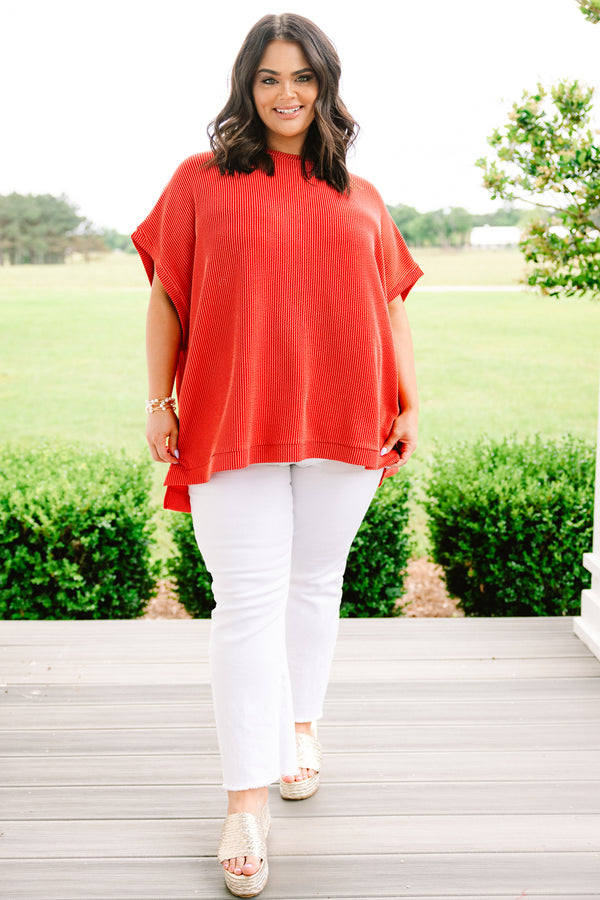 Chic Soul plus size clothing, burnt orange relaxed short sleeve ribbed top with seam down middle 