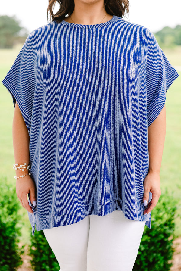 Plus Size dark blue ribbed knit oversized top with short sleeves and a round neckline.