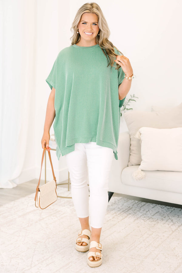 Chic Soul plus size clothing, green ribbed short sleeve flowy top with round neckline and cuff sleeves
