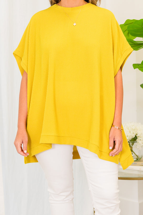 Chic Soul plus size clothing, short sleeve high-neckline mustard yellow top with ribbed detailing