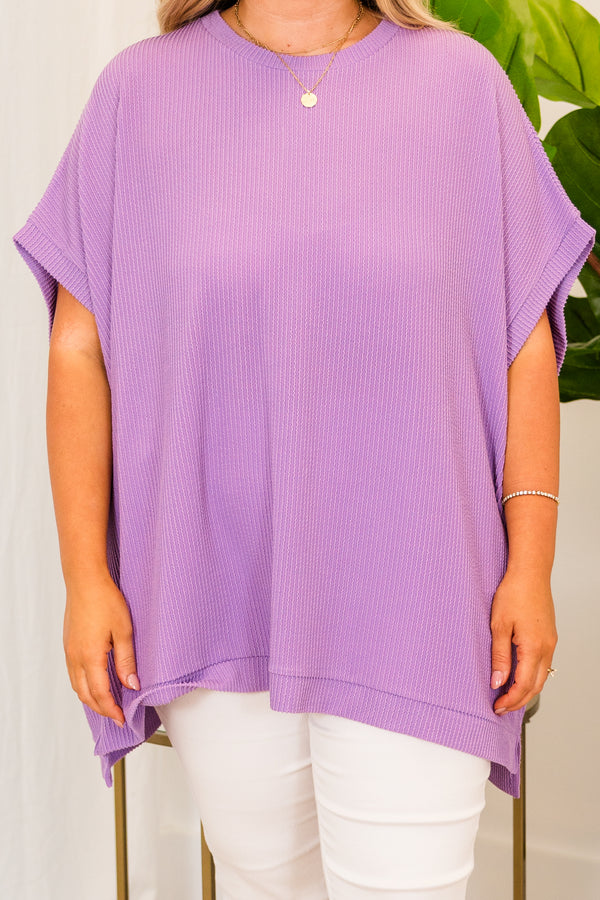 Chic Soul plus size clothing, short sleeve purple ribbed top with high-neckline