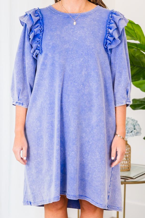 Chic Soul plus size clothing, short ocean blue acid wash mid sleeve dress with ruffles on the shoulder