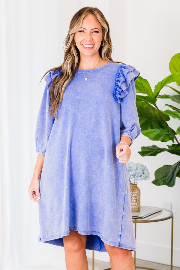 Chic Soul plus size clothing, short ocean blue acid wash mid sleeve dress with ruffles on the shoulder