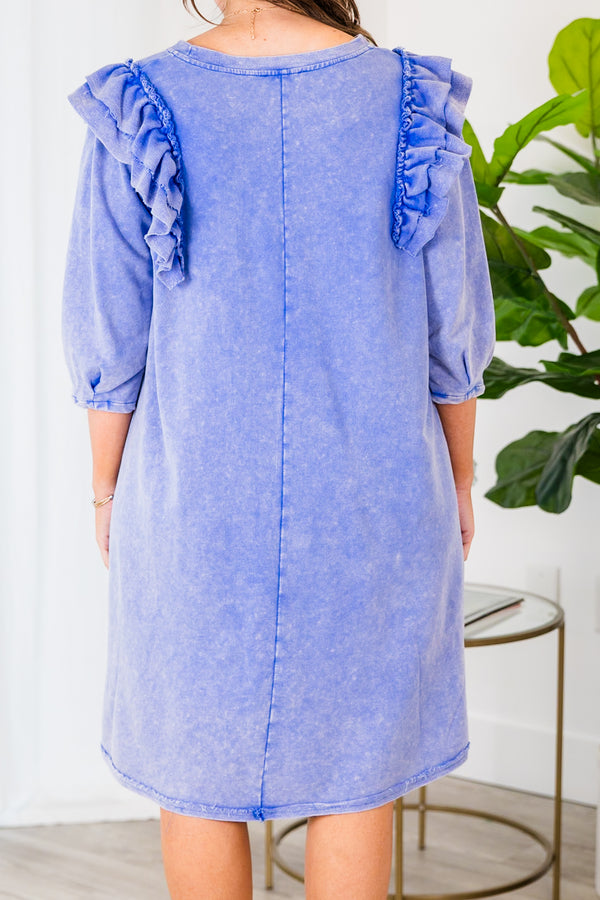 Chic Soul plus size clothing, short ocean blue acid wash mid sleeve dress with ruffles on the shoulder