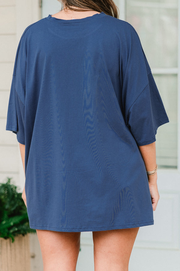 Chic Soul plus size clothing, navy blue short sleeve graphic tee with a flag symbol in the middle made out of bows