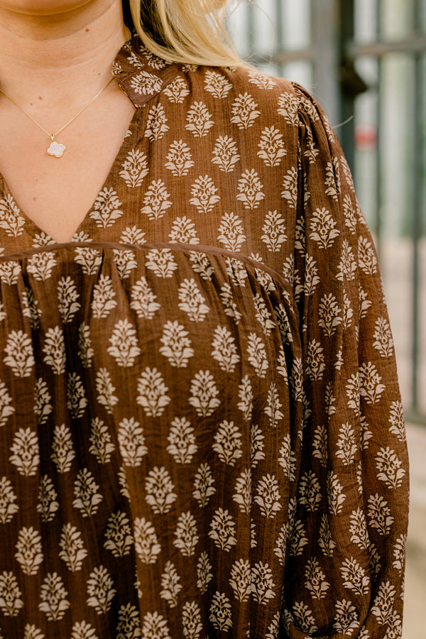 Chic Soul plus size clothing, brown long sleeve knee length dress with white block stamp pattern 