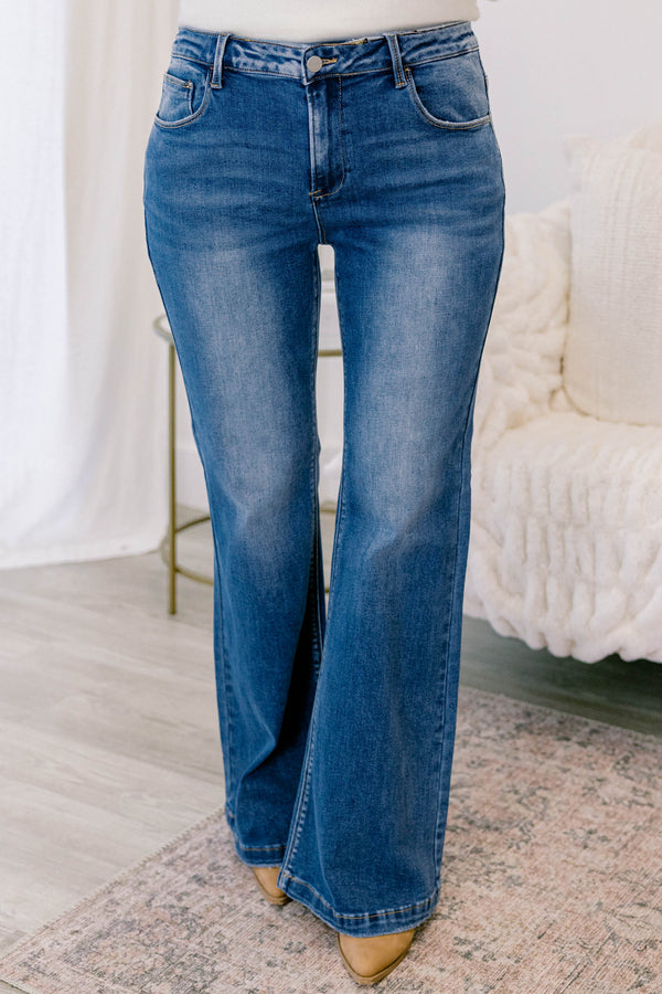 Chic Soul plus size clothing, medium wash slightly bootcut finished hem blue jeans