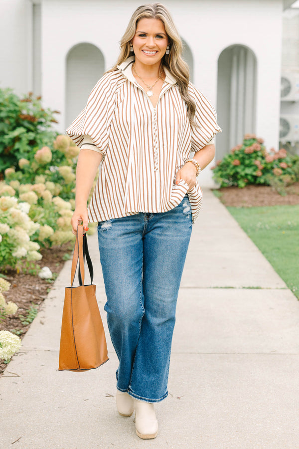 Plus size chocolate striped blouse with puff sleeves and collar with zipper placket