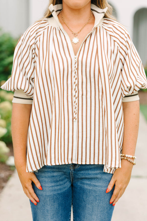 Plus size chocolate striped blouse with puff sleeves and collar with zipper placket