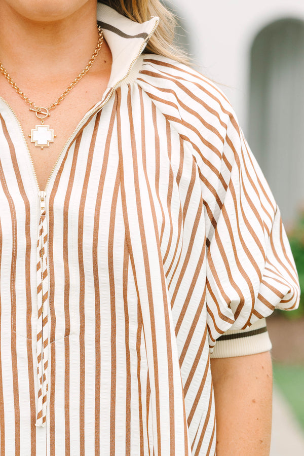 Plus size chocolate striped blouse with puff sleeves and collar with zipper placket