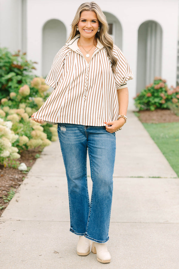 Plus size chocolate striped blouse with puff sleeves and collar with zipper placket