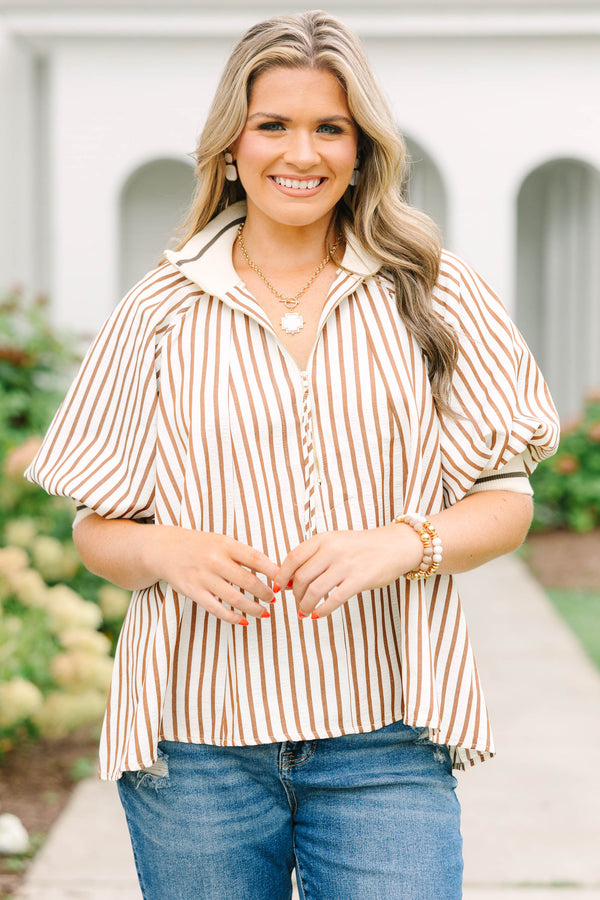 Plus size chocolate striped blouse with puff sleeves and collar with zipper placket