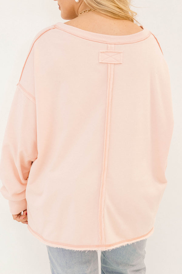 Chic Soul plus size clothing, pink long sleeve pullover with a slight v-neckline 