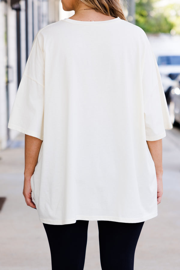 Chic Soul plus size clothing, short-sleeve ivory boyfriend tee with graphic of black bows and carved pumpkins