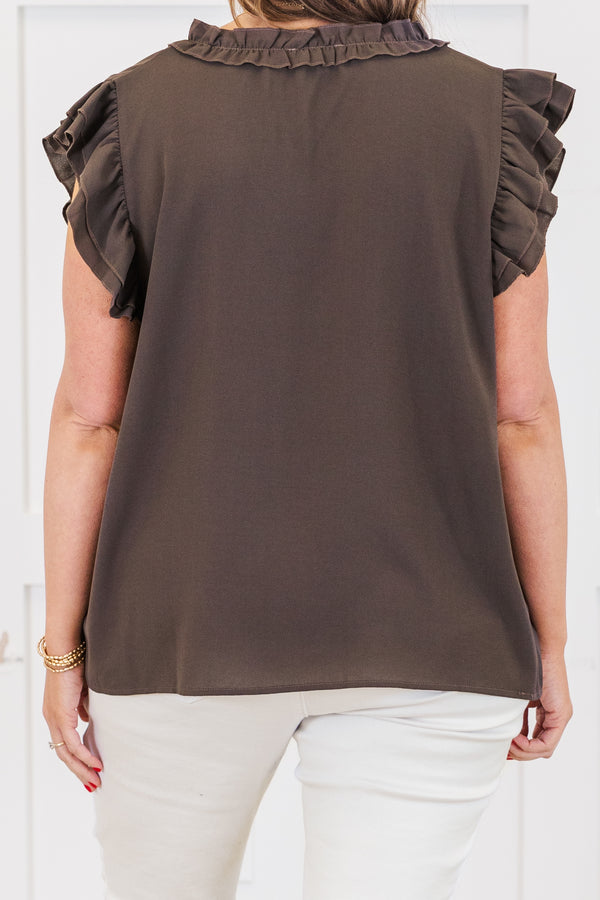 Chic Soul plus size clothing, brown short sleeve plain tank top with v cutout along neckline with ruffle on neckline with tiered ruffle sleeve detail