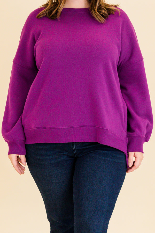 Chic Soul plus size clothing, light plum purple long sleeve pullover with round neckline and cuff sleeves with band along the bottom
