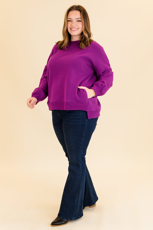Chic Soul plus size clothing, light plum purple long sleeve pullover with round neckline and cuff sleeves with band along the bottom
