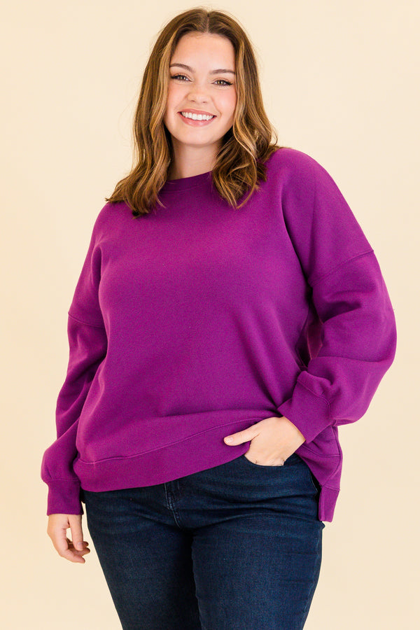 Chic Soul plus size clothing, light plum purple long sleeve pullover with round neckline and cuff sleeves with band along the bottom
