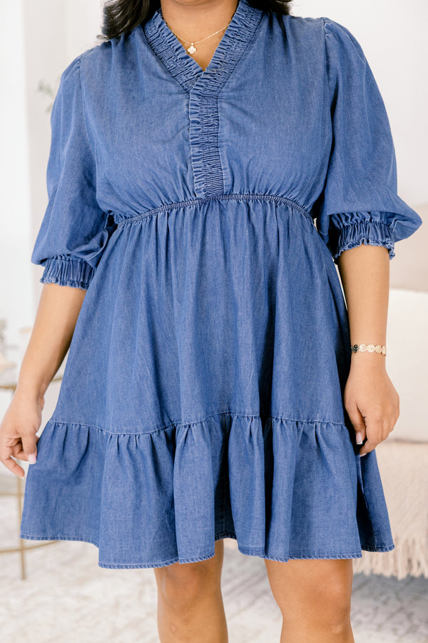 Chic Soul plus size clothing, medium wash denim blue short puff sleeve flair baby doll dress