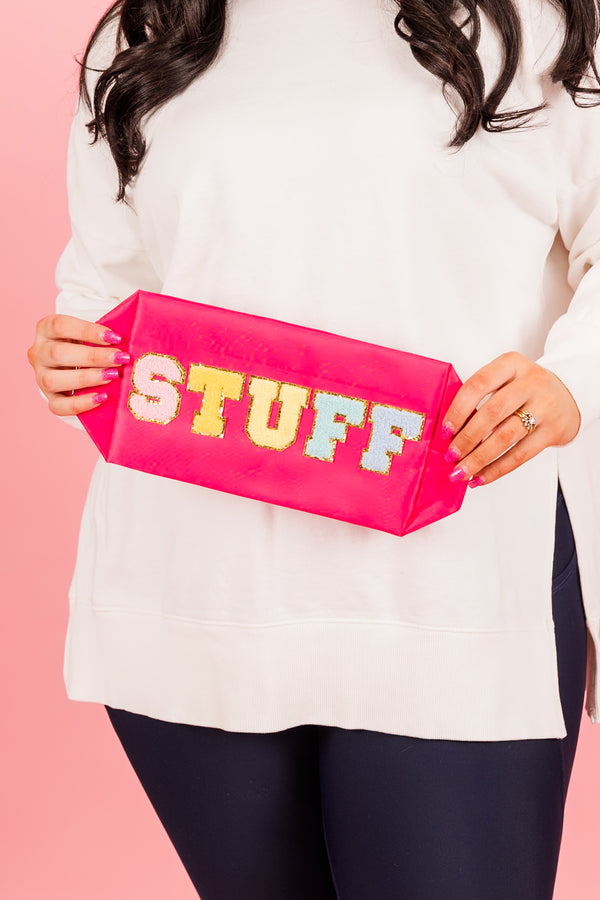 Chic Soul plus size clothing, fuchsia nylon bag with fuzzy multi letters spelling 