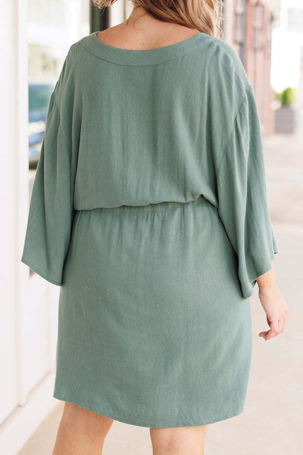 Chic Soul plus size clothing, comfy and flowy sage colored dress with sinch waist and buttons