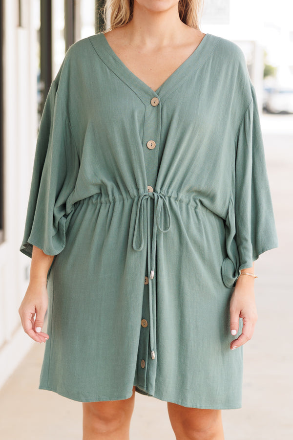Chic Soul plus size clothing, comfy and flowy sage colored dress with sinch waist and buttons