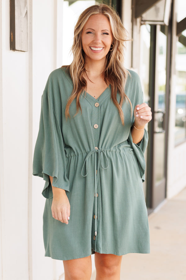 Chic Soul plus size clothing, comfy and flowy sage colored dress with sinch waist and buttons